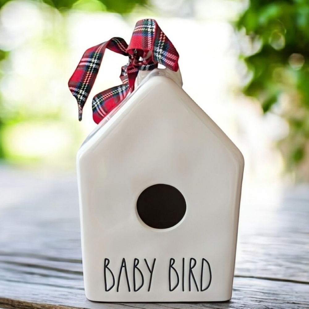 Rae Dunn BABY BIRD Birdhouse with Plaid Bow